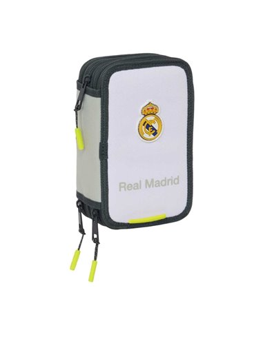 Safta Real Madrid Plumier de 1.3L Avec 37 Piezas - 3 Compartiments - Fermeture zippée - 12.5x19.5x5.5cm - Couleur Blanc et Noir