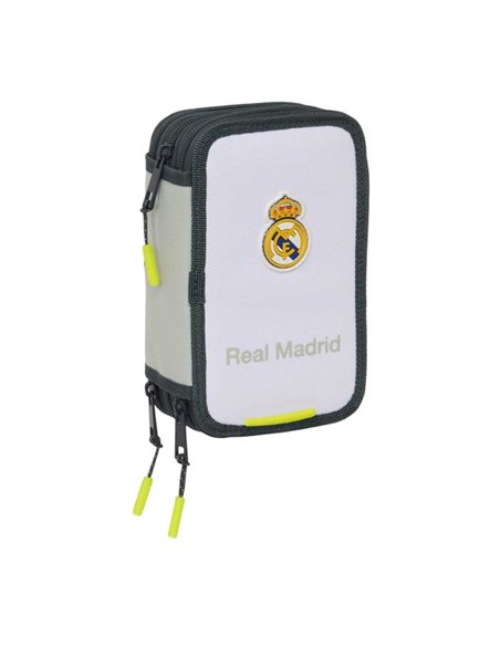 Safta Real Madrid Plumier de 1.3L Avec 37 Piezas - 3 Compartiments - Fermeture zippée - 12.5x19.5x5.5cm - Couleur Blanc et Noir