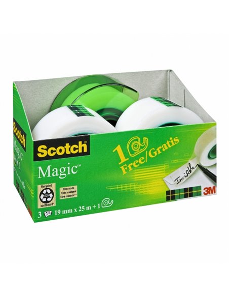 Scotch Magic Pack de 3 Cintas Adhesivas Invisible - 19mm x 25m - Dispensador Gratis - Couleur Transparent