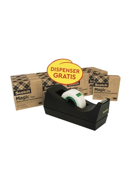 Scotch Magic Pack de 14 Cintas Adhesivas - 66% Adhésif Vegetal - 19mm x 33m - Promocion Dispensador Gratis - Couleur Noir