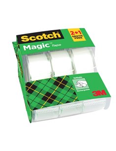Scotch Magic Pack de 3 Cintas Adhesivas Invisibles - 19mm x 7.5m - Promocion 2 + 1 Gratis - Comprend Dispensador - Couleur Trans