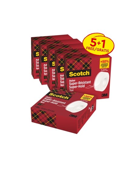 Scotch Super-Hold Pack de 6 Cintas Adhesivas - Extrafuerte - 19mm x 25.4m - Promocion 5 + 1 Gratis - Couleur Transparent