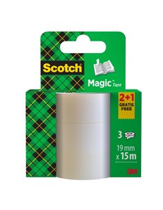 Scotch Magic Pack de 3 Cintas Adhesivas Invisible - 19mm x 15m - Promocion 2 Unidades + 1 Gratis - Couleur Transparent