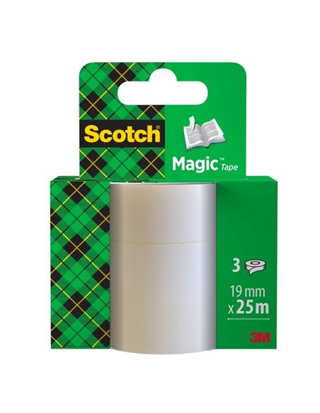Scotch Magic Pack de 3 Cintas Adhesivas Invisible - Recambio - 19mm x 25m - Couleur Transparent
