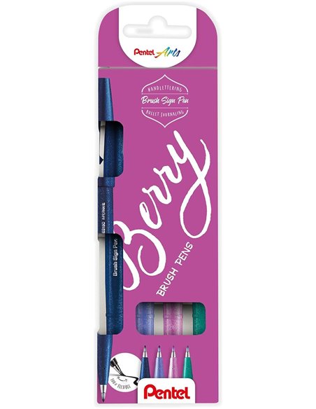 Pentel Brush Sing Pen Berry Pack de 4 Feutres Avec Pointe de Pincel - Lineas Finas ou Gruesas dependiendo de la Presion - Fabric