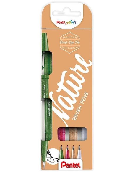 Pentel Brush Sing Pen Nature Pack de 4 Feutres Avec Pointe de Pincel - Lineas Finas ou Gruesas dependiendo de la Presion - Fabri