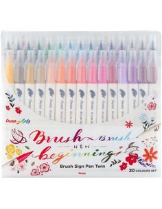 Pentel Brush Sing Pen Twin Pack de 30 Feutres Avec Double Pointe de Pincel Flexible - Pointe Ancha 1-4mm, Pointe Fina 0,2-2mm - 