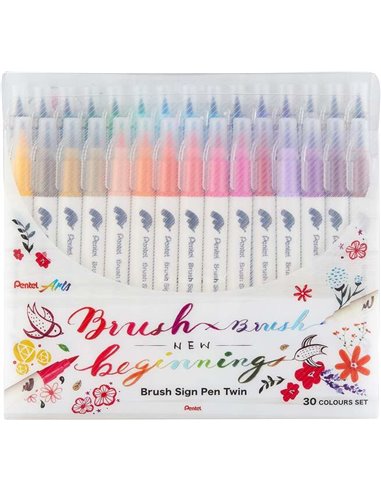Pentel Brush Sing Pen Twin Pack de 30 Feutres Avec Double Pointe de Pincel Flexible - Pointe Ancha 1-4mm, Pointe Fina 0,2-2mm - 