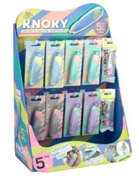 Pentel Knoky Présentoir de 48 Cintas Correctoras 5mm x 6m + 12 Recambios - Mecanismo de Presion - Forma Ergonomica - Rechargeabl