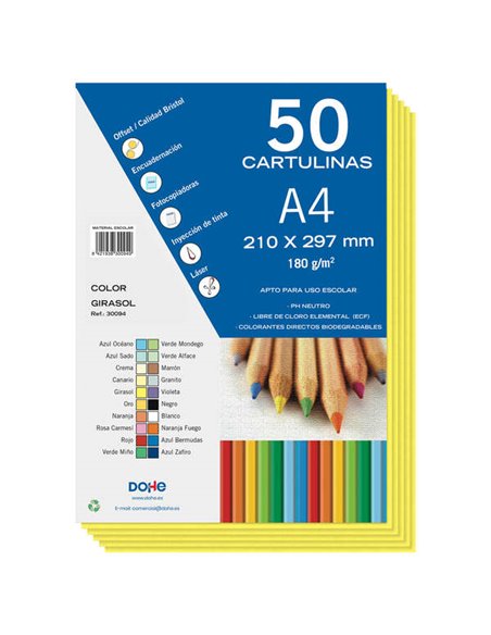 Dohe Pack de 50 Cartulinas A4 de 180gr - Avec PH Neutro - Libres de Cloro Elemental - Couleur Girasol