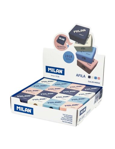 Milan Afila Serie 1918 Présentoir de 32 Sacapuntas - Cuchilla de Acier - Couleurs Blanc, Bleu Clair, Bleu Foncé et Rose