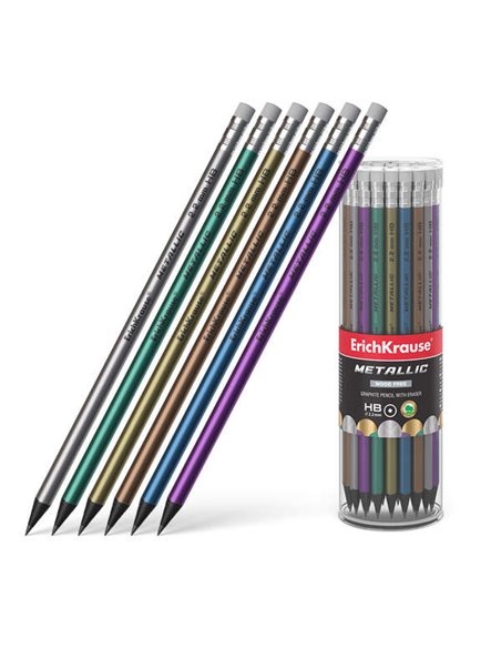 Erichkrause Metallic Crayon de Grafito HB Avec Goma de Borrar - Corps Redondo de Plastico - Couleurs assorties