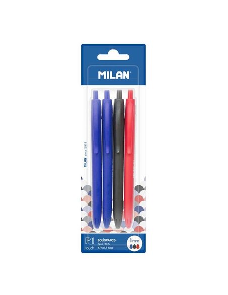Milan P1 Touch Pack de 4 Boligrafos de Bola Retractiles - Pointe Ronde 1mm - Encre Avec Base de Aceite - Escritura Doux - 1.200m