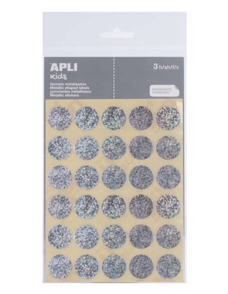 Apli Pack de 90 Gomets Redondos Ø 20mm - Adhésif permanent - Idéal Pour Escuelas Infantiles et Colegios - Couleur Argent
