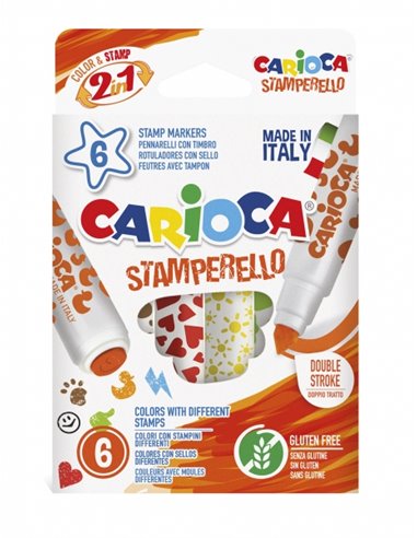 Carioca Stamperello Pack de 6 Feutres Avec Sellos - Double Pointe - 6 Couleurs Diferentes - Encre Lavable Atoxica - Couleur Vari