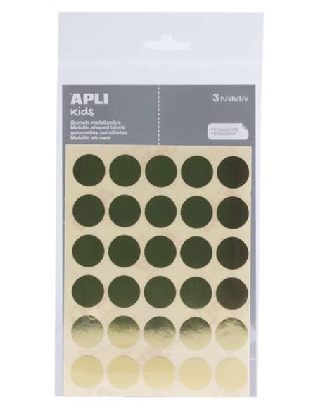 Apli Pack de 90 Gomets Redondos Ø 20mm - Adhésif permanent - Idéal Pour Escuelas Infantiles et Colegios - Couleur Oro