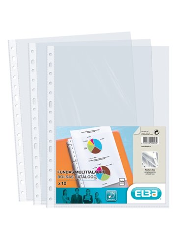 Elba Pack de 10 Fundas Multitaladro PP 70 Micras - Taille Folio - Acabado Cristal - Transparent