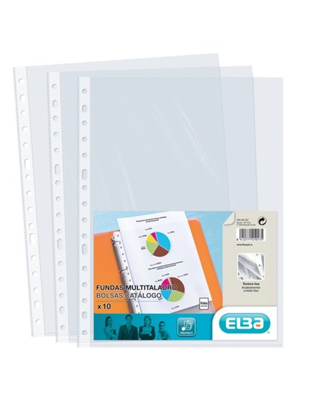 Elba Pack de 10 Fundas Multitaladro PP 70 Micras - Taille Folio - Acabado Cristal - Transparent