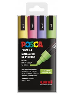 Posca PC-5M Étui de 4 Marcadores de Pintura - Pointe de Bala 1.8-2.5mm - Encre Base al Eau - Résistant à la Luz - Couleur Assort