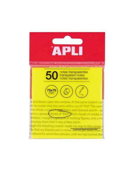 Apli Notas Adhesivas Transparentes Bloc 50 Feuilles 75x75mm - Pour Anotar Sans Perder la Visibilidad du Texto ou la Imagen - Rés
