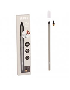 Apli Infinite Pencil Pack de Crayon Infinito HB + Mina de Recambio + Tapon Protector - Pour Escribir Jusqu'à 16km - Couleur Gris