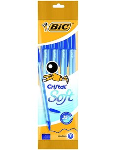 Bic Cristal Soft Pack de 4 Boligrafos de Bola - Pointe Media de 1.2mm - Trait 0.45mm - Escritura mas Fluida - Couleur Bleu