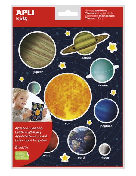 Apli Sac de Gomets Tematicos Système Solar - 40 Gomets en 2 Feuilles - Adhésif Removible - Ayuda Al Aprendizaje Visual et Motor 