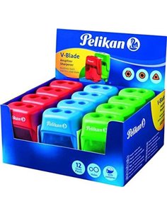 Pelikan V-Blade Sacapuntas Double Orificio + Deposito - Couleurs Bleu, Rouge et Vert