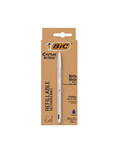 Bic Cristal Re´new Pack de Stylo à bille Rechargeable de Bola + 2 Recambios - Pointe Ronde de 1.0mm - Trait 0.32mm - Encre Avec 