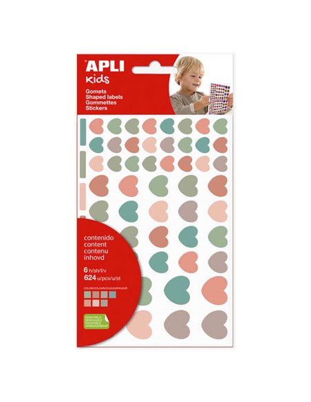 Apli Kids Sac de 624 Gomets Corazones Nordik - Adhésif Removible - Tamaños et Couleurs assorties