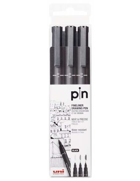 Uni-ball Uni Pin Pack de 3 Feutres Calibrados 0.1, 0.3, 0.5 - Pointe Poliacetal - Encre Pigmentada Résistant à l'eau et Luz - Id