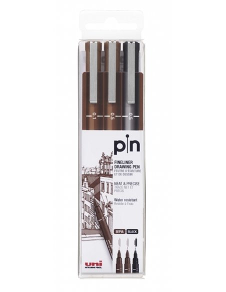 Uni-ball Uni Pin Pack de 3 Feutres Calibrados 0.1, 0.5 - Pointe Poliacetal - Encre Pigmentada Résistant à l'eau et Luz - Idéal P