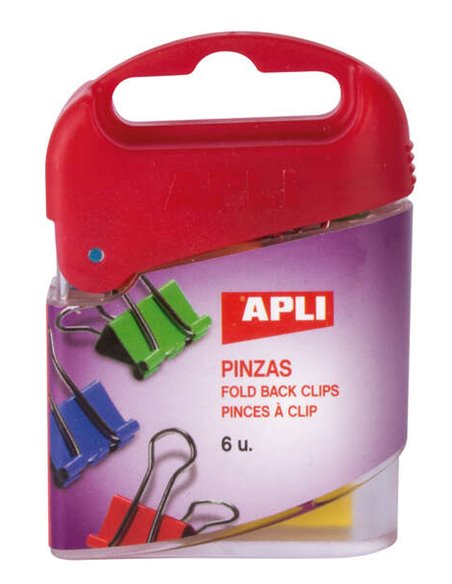 Apli Pack de 6 Pinzas Abatibles 19mm - Acier Templado - Asas Niqueladas - Sujecion Jusqu'à 50 Feuilles - Couleurs assorties