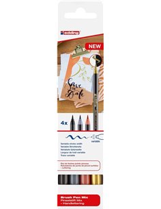 Edding 1340 Brush Pack de 4 Feutres - Pointe Pincel Flexible - Trait 1-3mm - Encre Avec Base de Eau - Couleurs Oro, Noir, Gris e