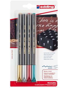 Edding 1200 Metallic Pack de 4 Feutres - Pointe Ronde - Trait 1mm - Encre Avec Base de Eau - Couleurs Oro, Argent, Rouge et Vert