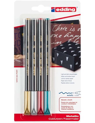 Edding 1200 Metallic Pack de 4 Feutres - Pointe Ronde - Trait 1mm - Encre Avec Base de Eau - Couleurs Oro, Argent, Rouge et Vert