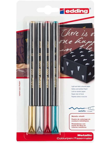 Edding 1200 Metallic Pack de 4 Feutres - Pointe Ronde - Trait 1mm - Encre Avec Base de Eau - Couleurs Oro, Argent, Rouge et Vert