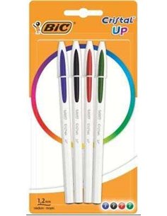 Bic Cristal Up Pack de 4 Boligrafos de Bola - Pointe Ronde de 1.2mm - Trait 0.6mm - Encre Avec Base de Aceite - Corps Blanc - Co