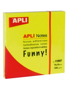 Apli Notas Adhesivas Funny 75x75mm - Bloc de 100 Feuilles - Adhésif de Qualité - Facile de Despegar - Couleur Jaune Fluo