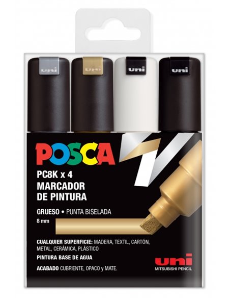Posca PC-8K Étui de 4 Marcadores de Pintura - Pointe Biselada Acrilica 8mm - Encre Base al Eau - Résistant à la Luz - Couleur As