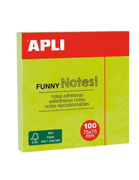 Apli Notas Adhesivas Funny 75x75mm - Bloc de 100 Feuilles - Adhésif de Qualité - Facile de Despegar - Couleur Vert Fluo