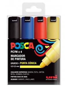 Posca PC-7M Étui de 4 Marcadores de Pintura - Pointe de Bala 4.5-5.5mm - Encre Base al Eau - Résistant à la Luz - No Permanent -