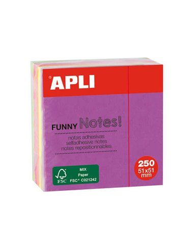 Apli Mini-Cubo Avec 250 Notas Adhesivas Funny 51x51mm - 5 Couleurs assorties Fluorescentes - Divertidas et Practicas