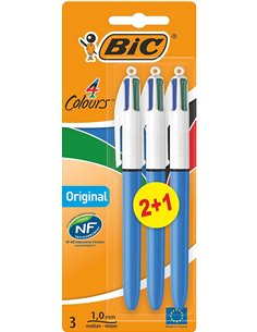 Bic 4 Colours Original Pack de 3 Boligrafos de Bola Retractil - Pointe Media de 1.0mm - Encre Avec Base de Aceite - Corps Bleu/B