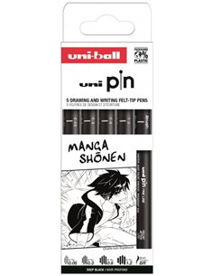 Uni-ball Uni Pin Manga Shonen Pack de 5 Feutres Calibrados 0.05, 0.3, 0.8, 1.2 et Brush - Pointe Poliacetal - Encre Pigmentada R