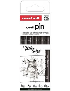 Uni-ball Uni Pin Tattoo Art Pack de 5 Feutres Calibrados 0.1, 0.2, 0.7, 1.0, Brush et Chisel 3.0 - Pointe Poliacetal - Encre Pig