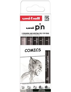 Uni-ball Uni Pin Comics Pack de 5 Feutres Calibrados 0.7, 1.0 et Brush - Pointe Poliacetal - Encre Pigmentada Résistant à l'eau 