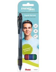 Pentel EnerGel X Pack de 4 Boligrafos de Bola Retractiles Encre Gel - Pointe 0.7mm - Trait 0.35mm - Rechargeable - Grip de Agarr