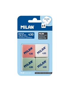 Milan 430 Pack de 4 Gomas de Borrar Cuadradas - Miga de Pan - Doux Caucho Sintetico - Couleurs assorties