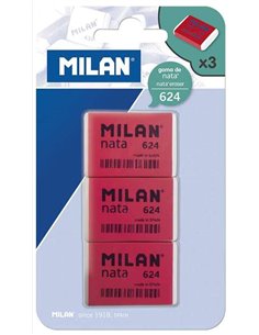Milan Nata 624 Pack de 3 Gomas de Borrar Rectangulares - Plastico - Doux - No Abrasiva - Couleur Rouge/Blanc